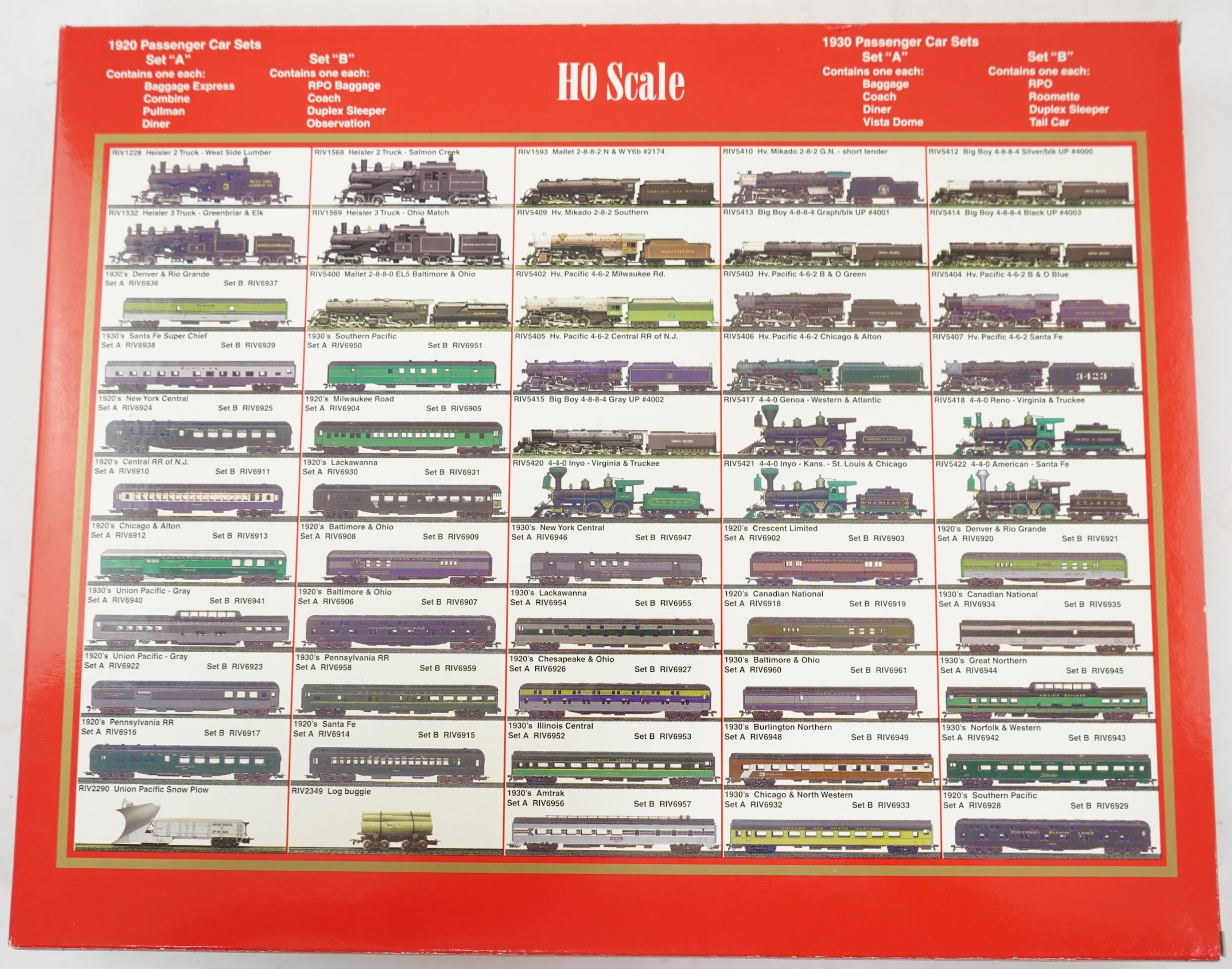 Two boxed Rivarossi 1920s New York Central Railroad coach packs; A Set (6924) and B Set (6925), both containing four coaches.